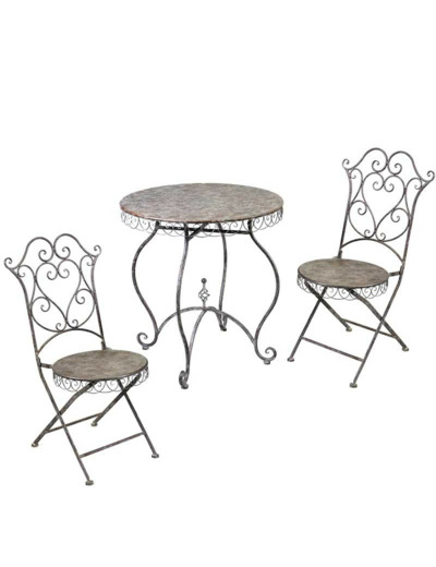 Ensemble table et 2 chaises fer vintage pour jardin 70x70x75cm