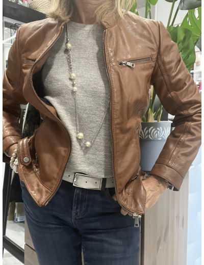 BLF1801 Blouson biker femme cuir cognac