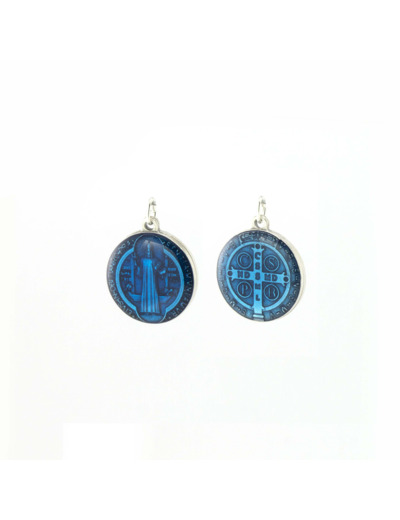 Médaille argentée résine bleue diam. 20mm - St Benoît
