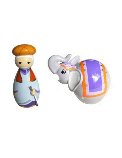 Cornac et éléphant en bois tourné 10cm + boite