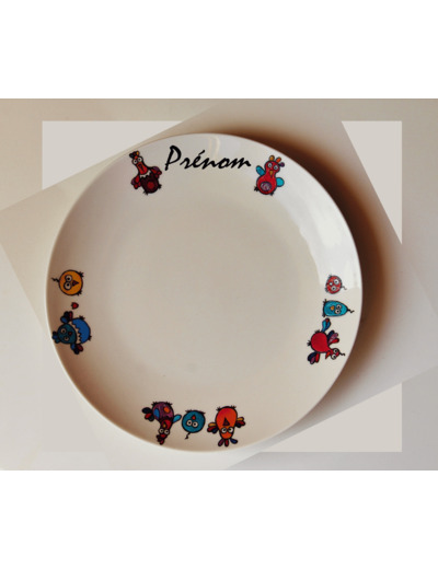 Assiette enfant personnalisée poules et poussins avec prénom artisanale et manuellement peinte, 19cm, très colorée, signée et daté