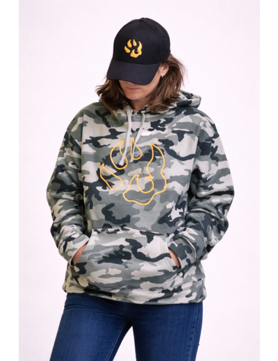 Sweat à capuche camouflage logo "patte de chien" jaune