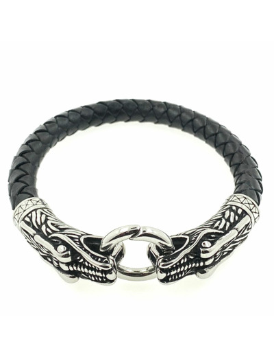 Bracelet Dragons en cuir et acier inoxydable