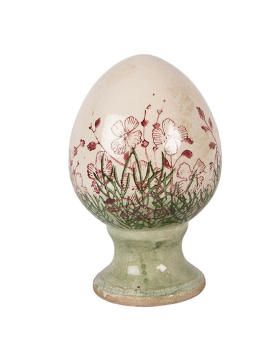 Décoration œuf sur pied céramique beige vert 9x9x14cm