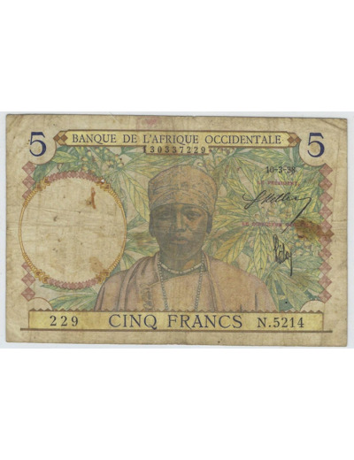 B.A.O. BANQUE DE L'AFRIQUE OCCIDENTALE 5 FRANCS 10-03-1938 SERIE 5214 TB