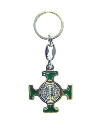 Porte-Clefs Saint Benoît en Métal Argenté avec Email - VERT