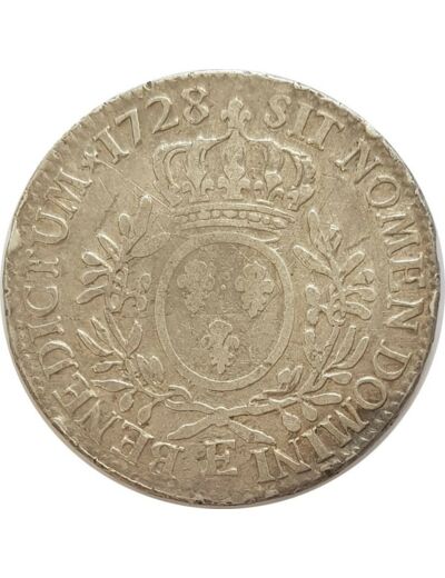 LOUIS XV (1715-1774) ECU AUX BRANCHES D'OLIVIER 1728 E (Tours) TB-