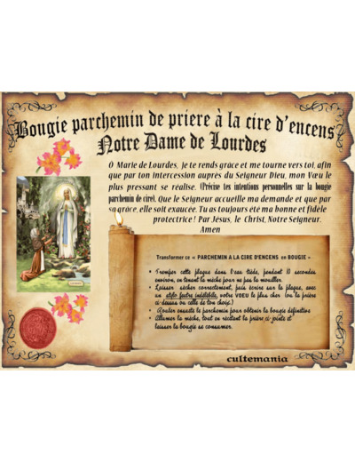 Bougie parchemin de cire à l'encens Notre dame de Lourdes