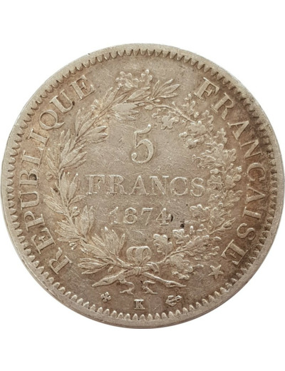 FRANCE 5 FRANCS HERCULE DUPRE 1874 K (Bordeaux) TB+