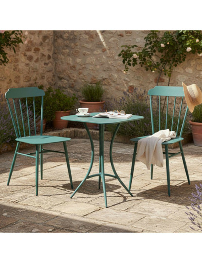 Ensemble table et 2 chaises fer vert 60x60x71cm