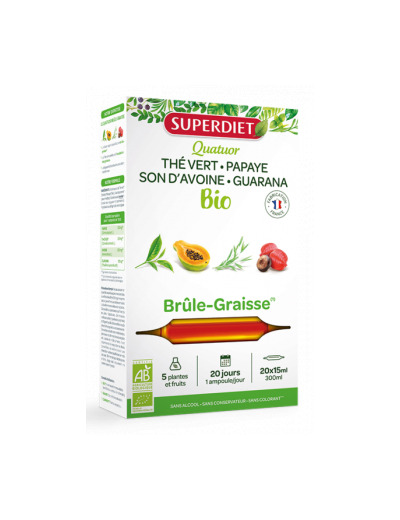 Quatuor brule graisse Guarana Thé vert Papaye Son d'avoine Bio 20 ampoules de 15ml