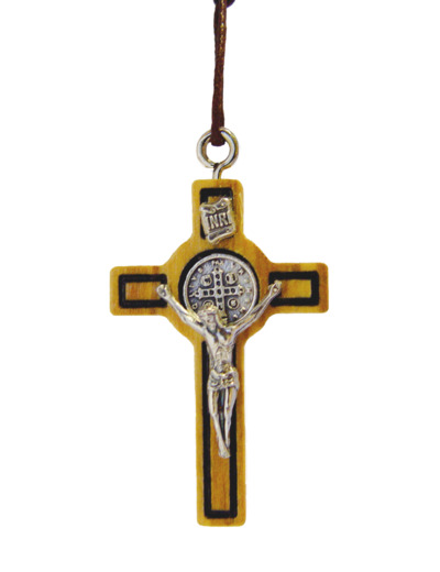 Croix de Saint Benoît en Olivier 7cm +LACET + BOITE