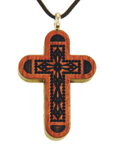 Croix en Bois d'Erable Vernis 3,2cm avec Cordon - MOTIF EN RELIEF
