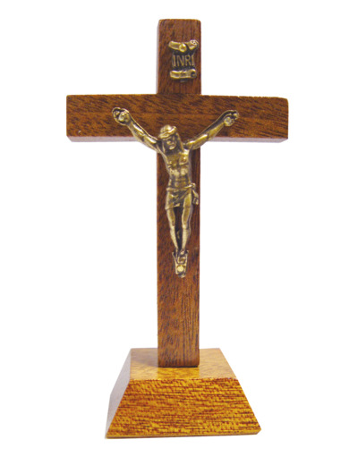 Crucifix en Bois sur Pied 11cm avec Christ en Métal Bronze