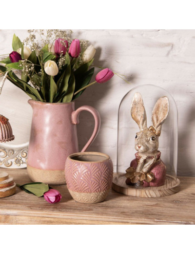 Statuette lapin résine beige rose 11x12x24cm