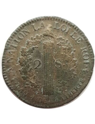 FRANCE LOUIS XVI 2 SOLS FRANÇOIS 1792 A (Paris) TB+ N2