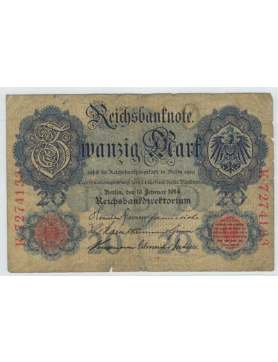 ALLEMAGNE 20 MARK SERIE K 19-02-1914 TB+