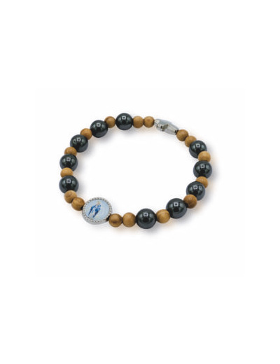 Bracelet élastique en perles Hématite et bois Olivier- V. Miraculeuse