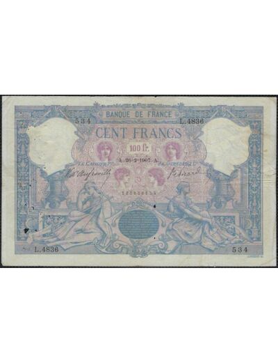 FRANCE 100 FRANCS BLEU ET ROSE 26-2-1907 L.4836 TB+