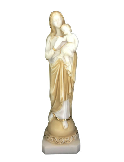 Vierge à l'Enfant - Statue en albâtre 24cm -Beige et Or