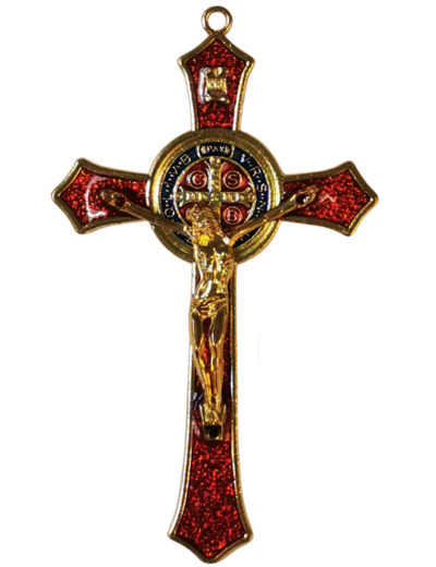 Croix Saint Benoît Dorée et Email Rouge 11,5 cm
