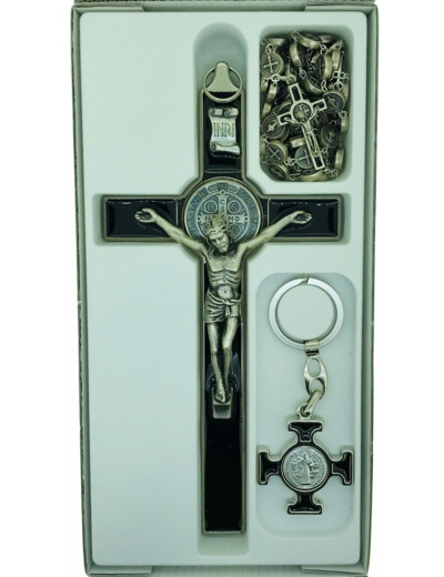 Coffret St Benoît 22,5x11,5cm croix + chapelet + PC - NOIR