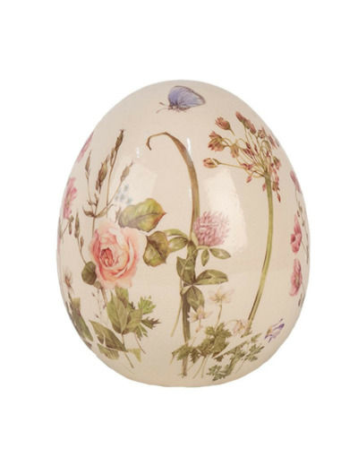 Grand œuf décoratif beige céramique fleurs 14x16cm