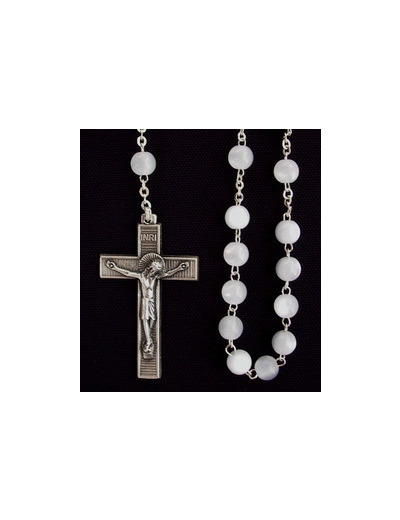 Chapelet verre BLANC translucide chaine arg.croix argentée