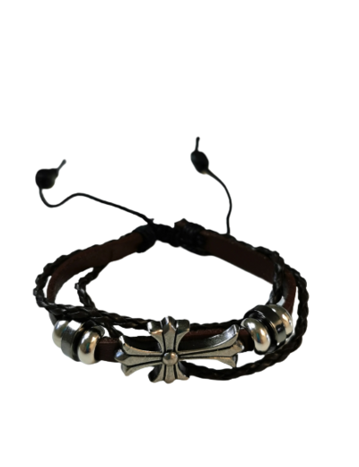 Bracelet en Cuir + Croix en Métal - MARRON FONCÉ