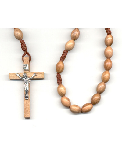 Chapelet OLIVIER sur CORDE grain OVALE croix bois avec Christ