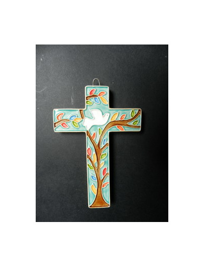 Croix en céramique 12x8cm- ARBRE + COLOMBE