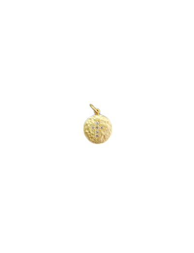Médaille frappée en argent 925 plaqué-or diam.1,5cm- Croix strass