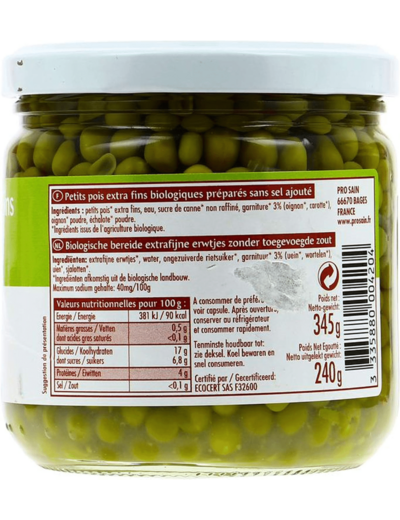Petits pois extra-fins sans sel 240g ne Prosain