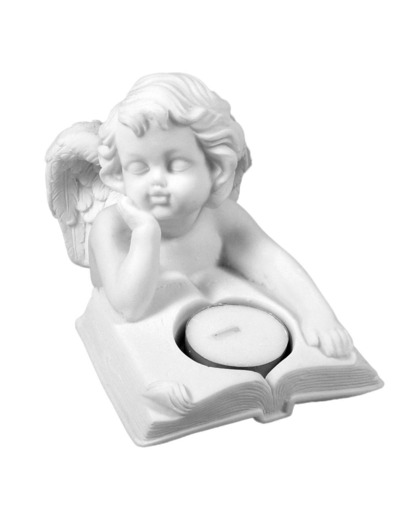Statue en albâtre 10cm - ANGE AU LIVRE BOUGEOIR Blanc