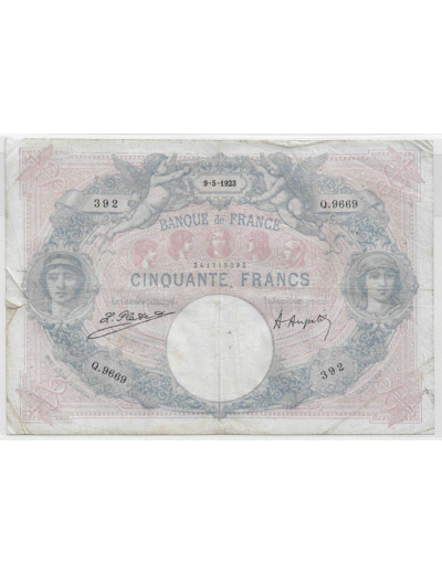 FRANCE 50 FRANCS BLEU ET ROSE SERIE Q.9669 9-5-1923 TB+