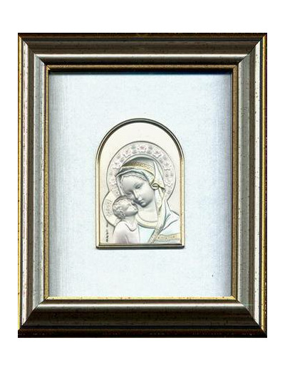 Cadre argenté/doré 14.5x12.5cm plaque argent ogive Vierge+enfant