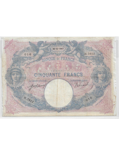 FRANCE 50 FRANCS BLEU ET ROSE SERIE H.7812 22-12-1917 TB+