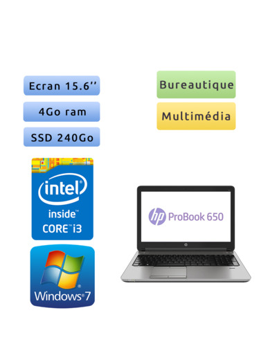 HP ProBook 650 G2 - Windows 7 - i3 4Go 240Go SSD - 15.6 - Webcam - Ordinateur Portable PC - bureautique
