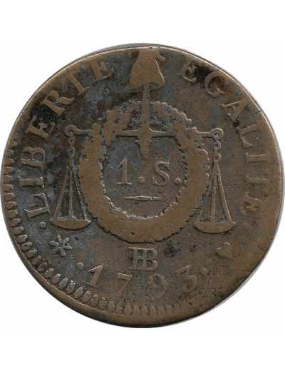 FRANCE LOUIS XVI 1 SOL AUX BALANCES 1793 BB (Strasbourg) TB+