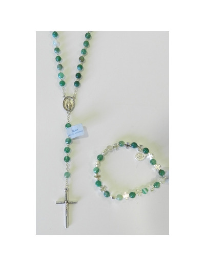 Coffret Chapelet +bracelet-dizainier argenté- AGATE VERTE