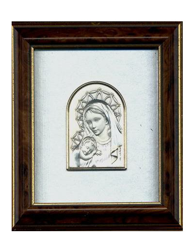 Cadre marron 14.5x12.5cm plaque argent ogive Vierge+enfant