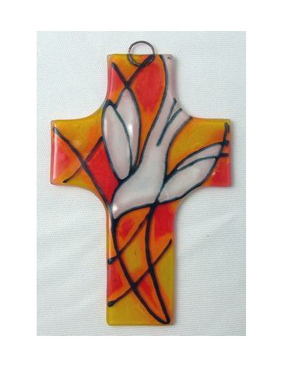 Croix en verre 8x12cm- VITRAIL COLOMBE- orange