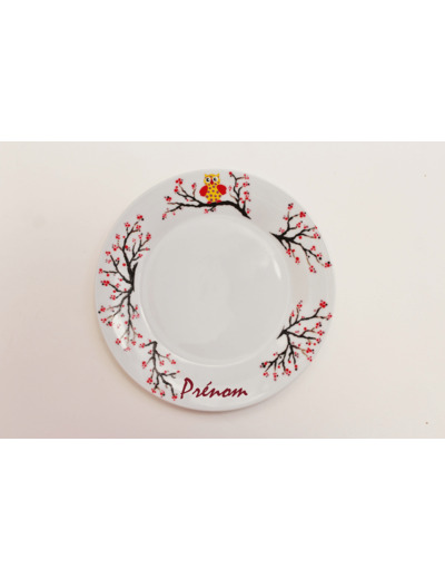 Assiette personnalisée sur le thème des chouettes en porcelaine artisanale peinte à la main assiette à dessert enfant 19cm, signée et daté