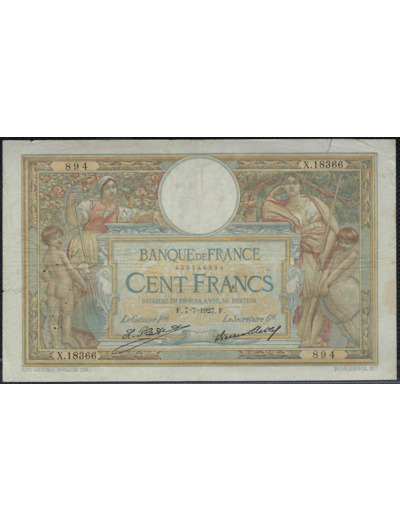 FRANCE 100 FRANCS MERSON sans LOM 7-7-1927 X.18366 TB+ (F24/06)