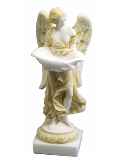 Ange Bénitier - Statue 24cm en albâtre - Beige et Or
