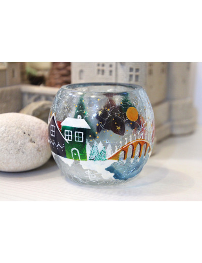 Photophore en verre craquelé peint à la main sur le thème de Noël - Peuvent être vendus par lot de deux