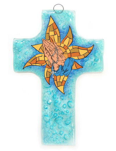 Croix en verre 8x12cm- MAINS EN PRIERE orange fond bleu