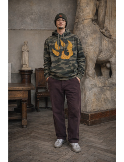 Sweat à capuche Malabar – Grosse patte signature Swarovski (orange ou argent) – Camouflage kaki | Édition premium