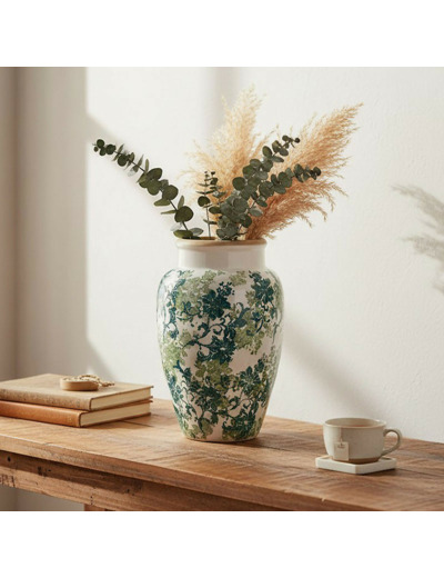 Vase en Grès Sinhoe à Motifs Floraux Verts 21x31cm