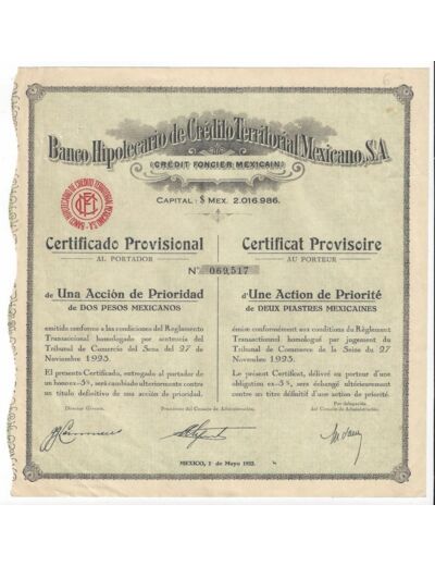 BANCO HIPOTECARIO DE CREDITO TERRITORIAL MEXICANO S.A 1932 CERTIFICAT